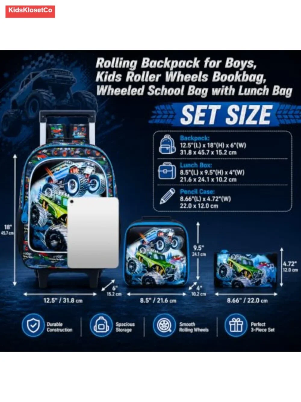 Rolling Backpack for Boys with Wheels, Telescopic Handle, Polyester, Water